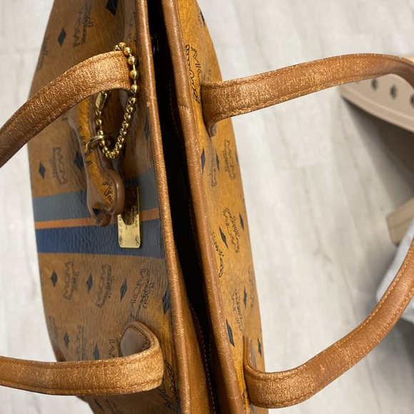 MCM #H5822 Vintage Visetos Blue Stripes Monogram Small Tote Bag  EUC Cognac - Picture 16 of 16
